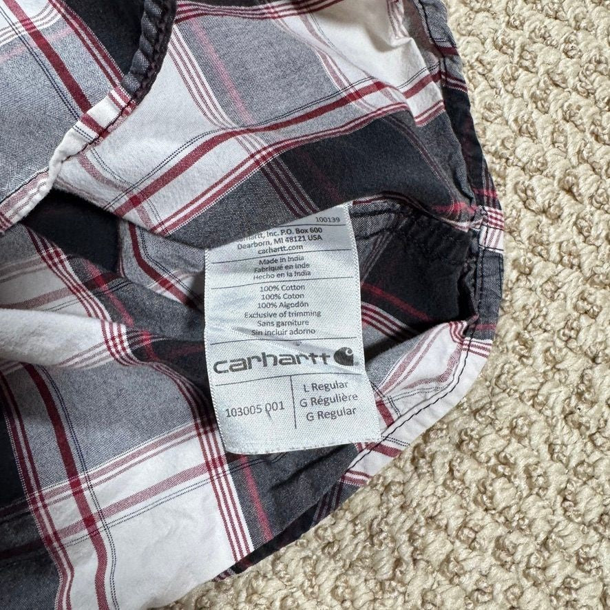 Carhartt Mens L Short Sleeve Button Up Shirt White Red Black Plaid Relaxed Fit