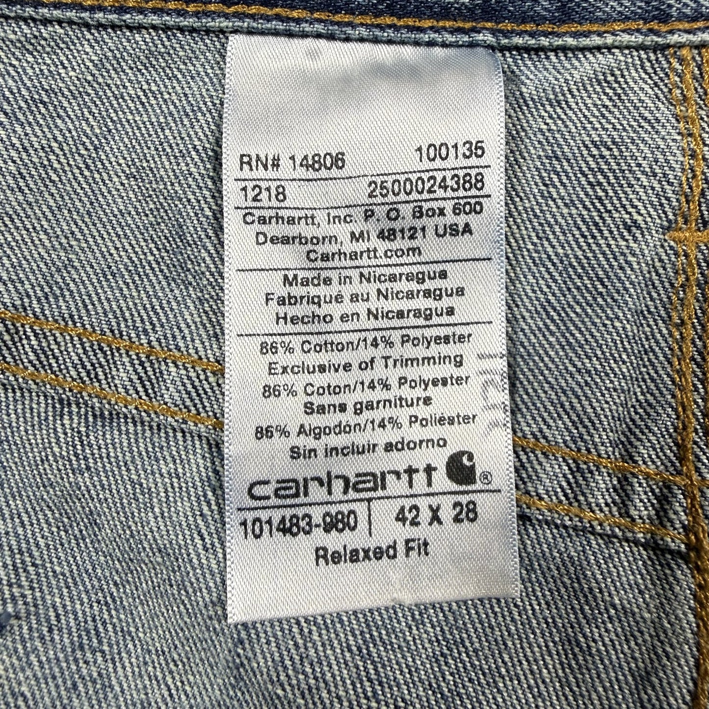 Carhartt Mens Jeans Relaxed Fit 42x28 Blue Medium Wash Denim Workwear