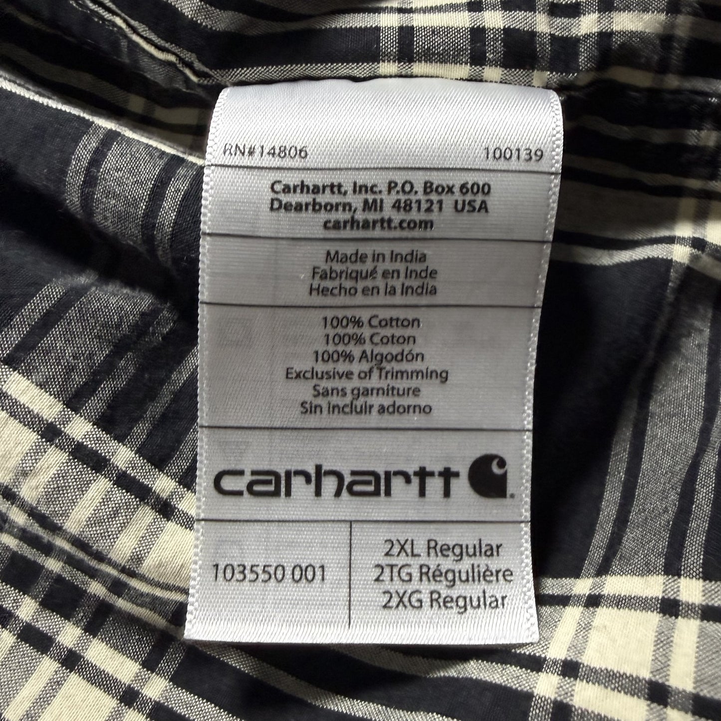 Carhartt Mens 2XL Short Sleeve Button Down Plaid Shirt Relaxed Fit Black White