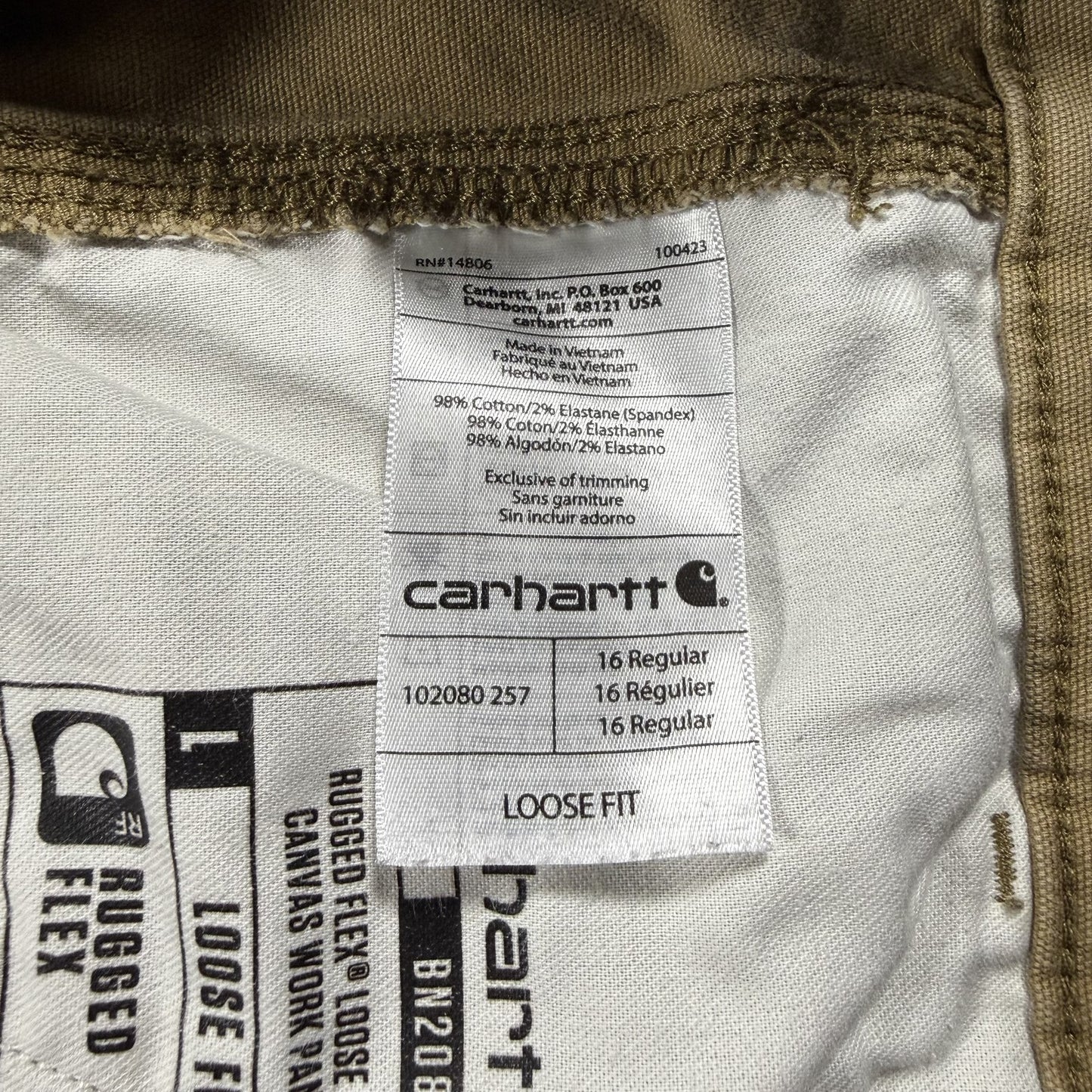 Carhartt Womens Canvas Work Pants 16 Regular Khaki Loose Fit Rugged Flex