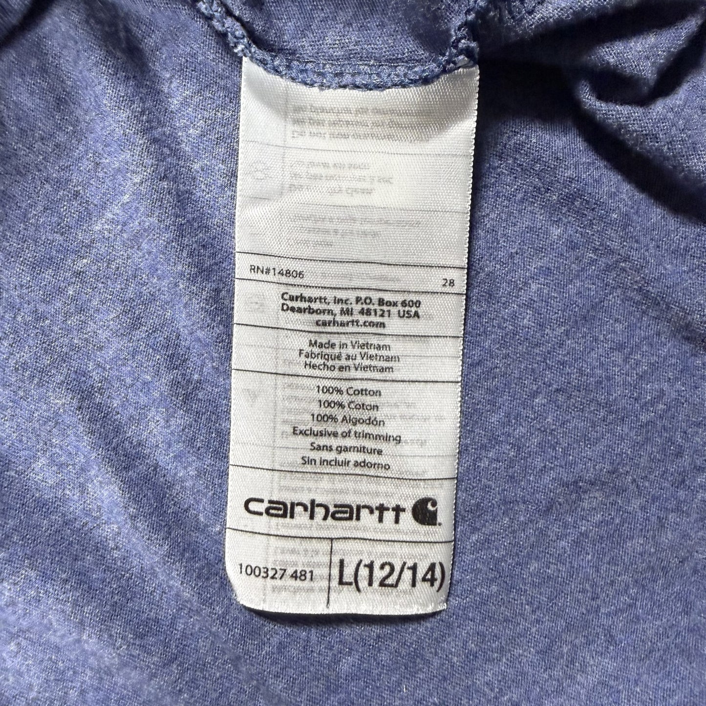 Carhartt Womens T-Shirt Size L 12-14 Heather Blue Short Sleeve Logo Tee Cotton