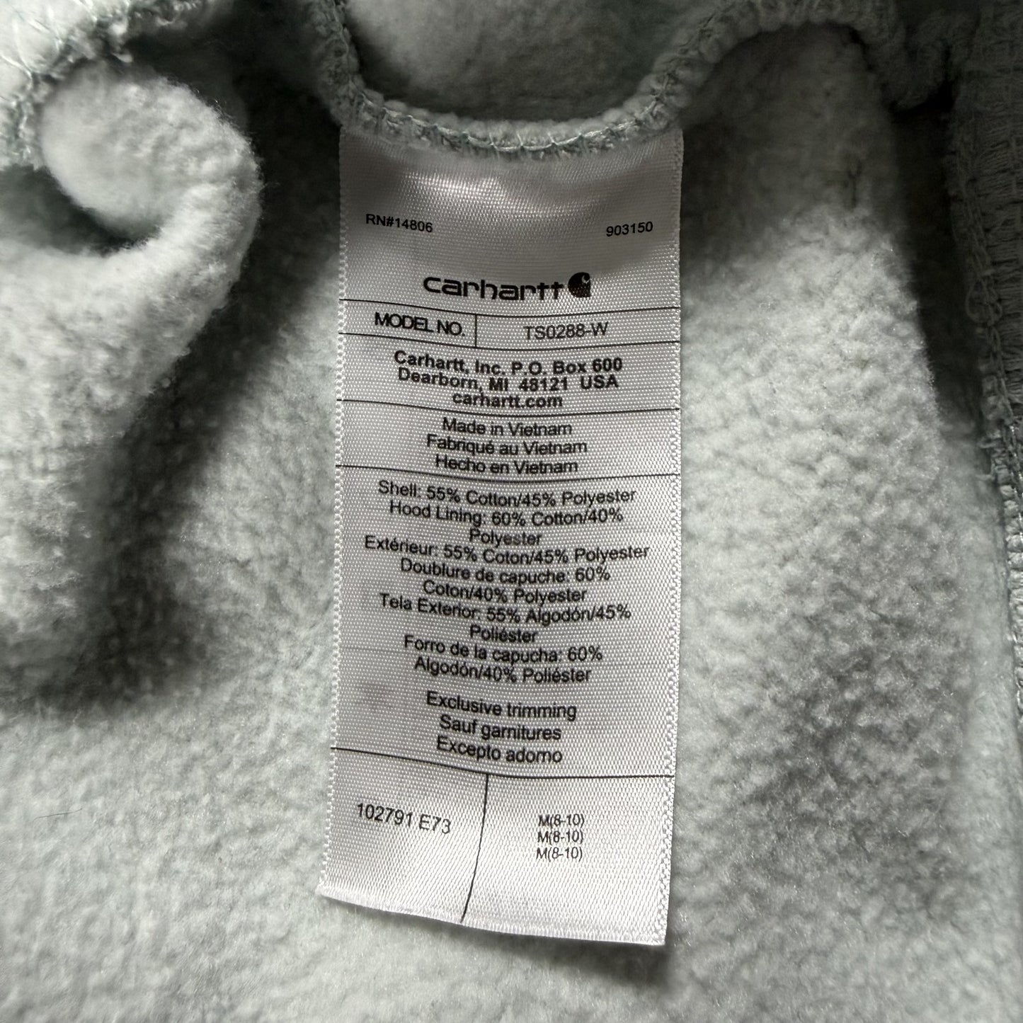 Carhartt Womens Hoodie M 8-10 Relaxed Fit Light Blue Gray Spellout Light Stains