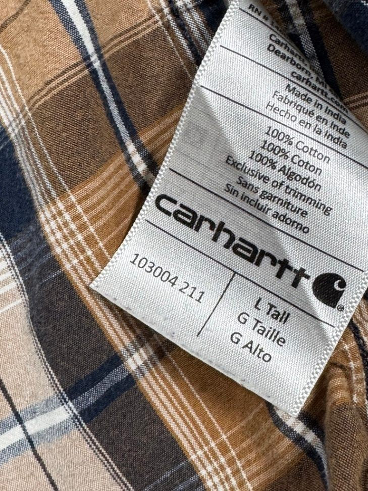 Carhartt Mens Short Sleeve Button Up Shirt L Large Tall Brown Plaid Relaxed Fit