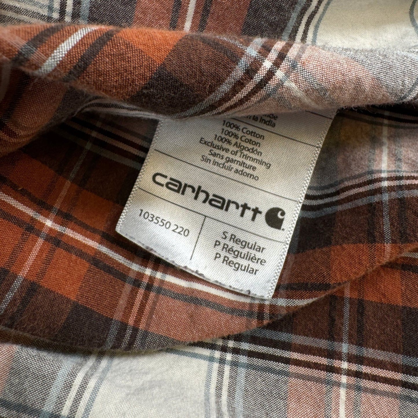 Carhartt Mens S Button Up Shirt Small Orange Plaid Short Sleeve Workwear