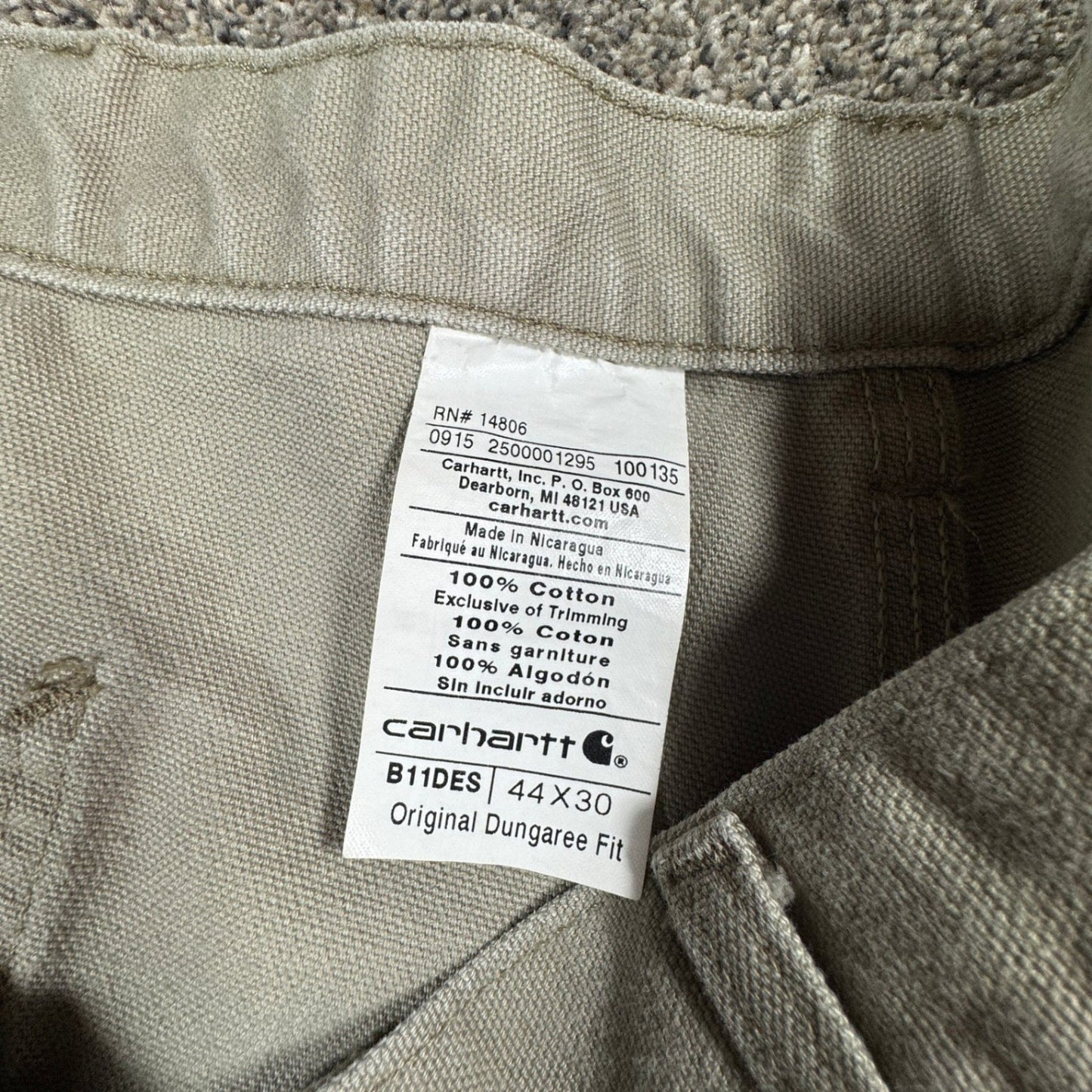 Carhartt Mens Work Pants Carpenter Dungaree 44x30 Khaki Cotton Canvas
