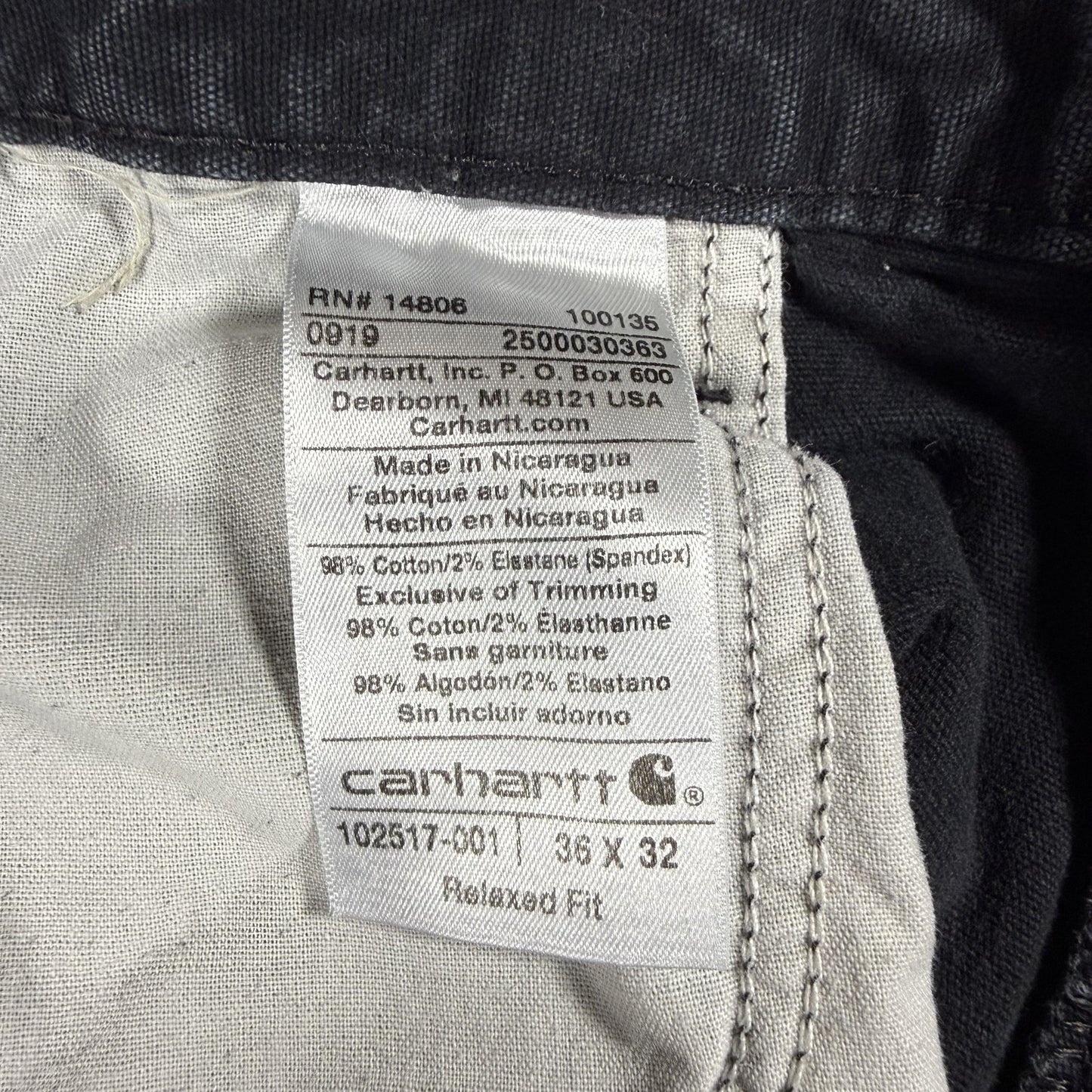 Carhartt Mens Jeans 36x32 Black Relaxed Fit Cotton Pants Workwear
