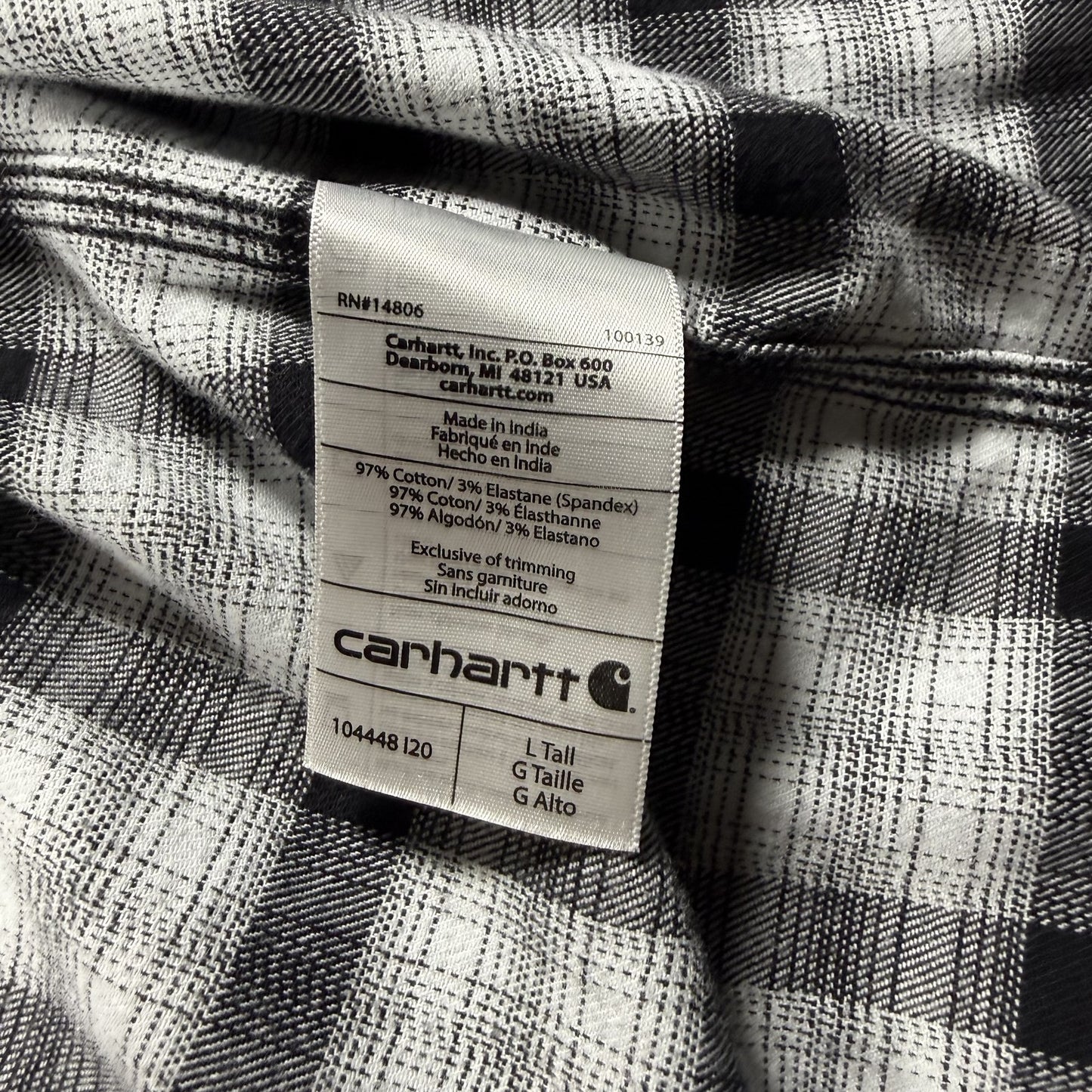 Carhartt Mens Flannel Shirt L Tall Black White Plaid Button Up Relaxed Fit