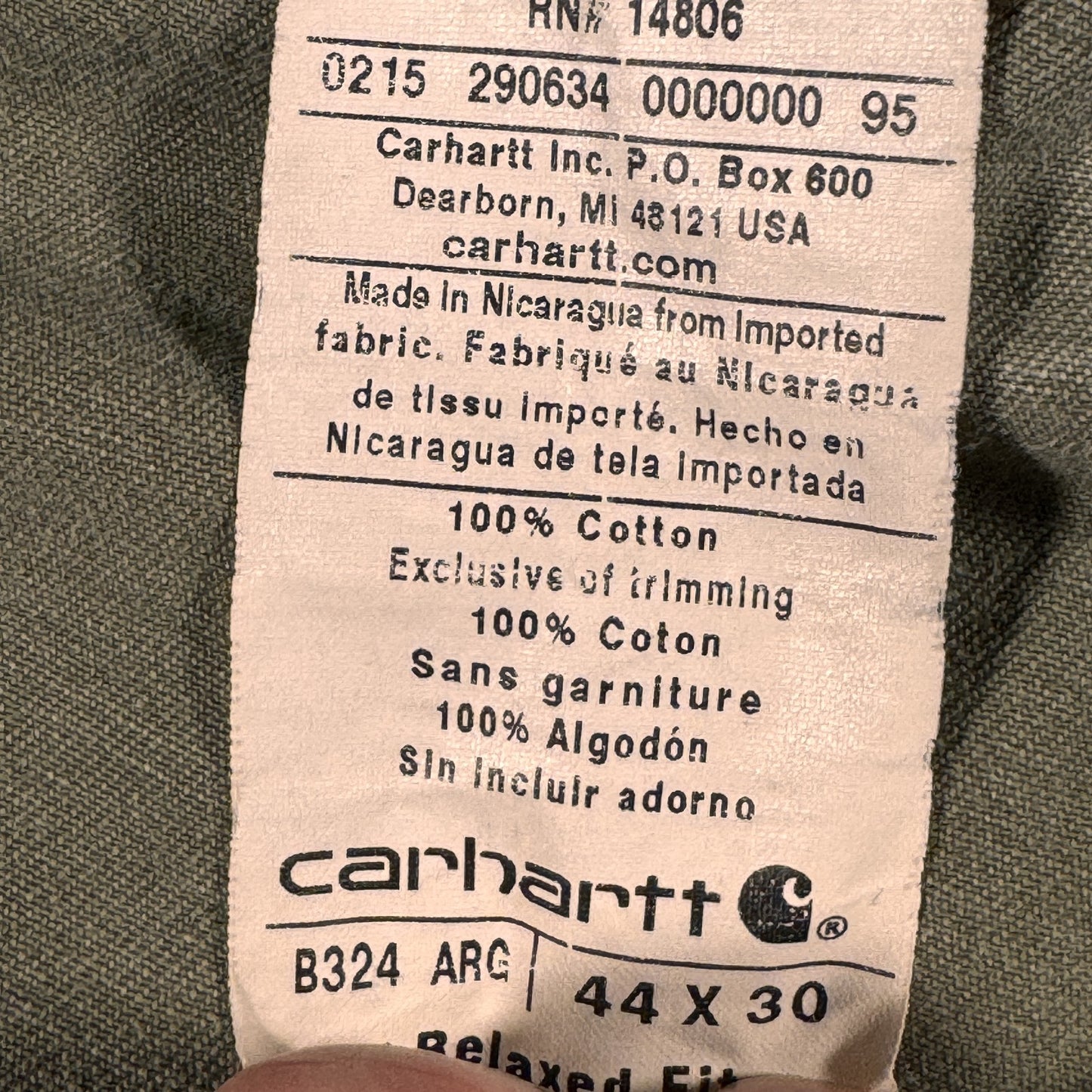 Carhartt Mens B324 ARG Relaxed Fit Work Pants Size 44x30 Green Carpenter Cotton