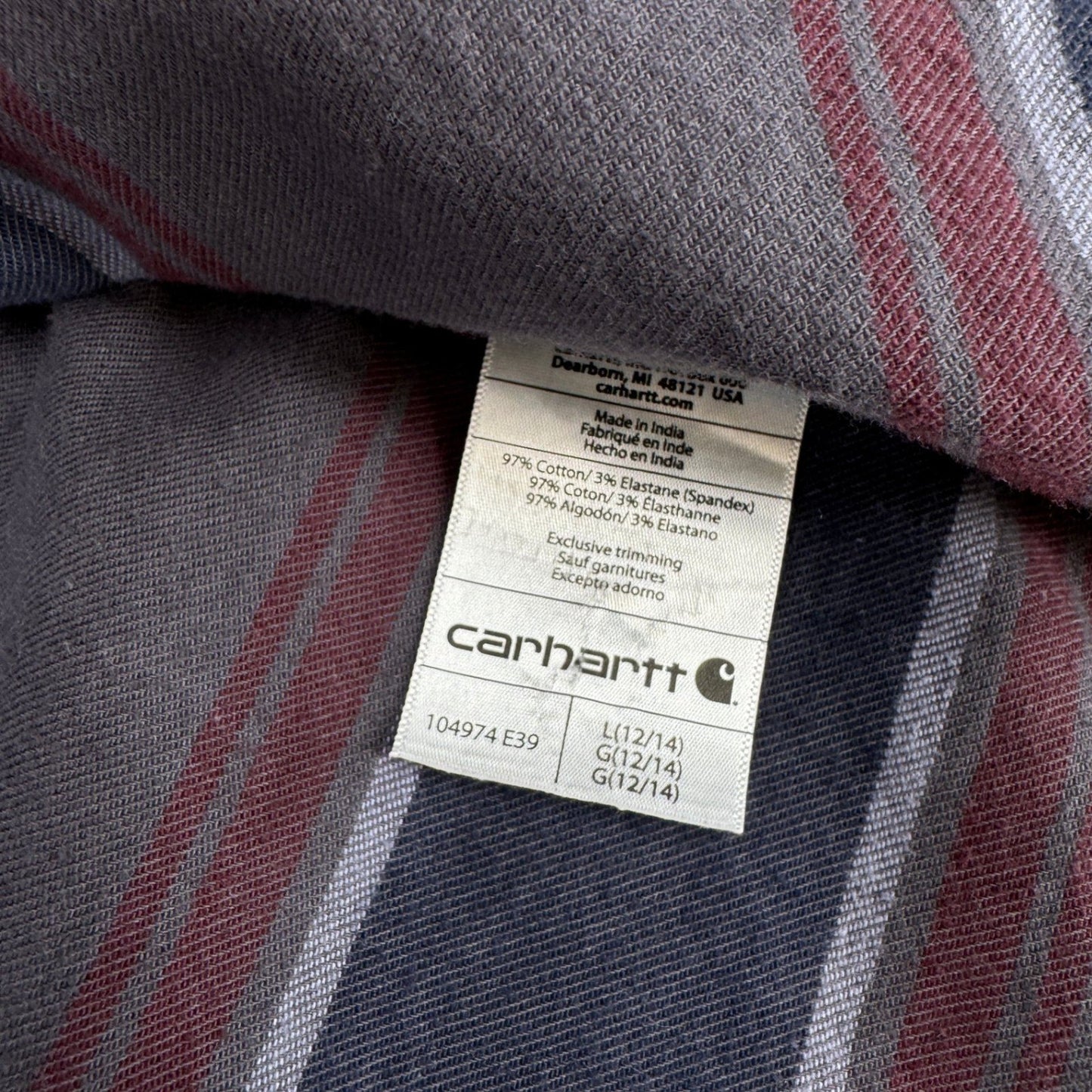 Carhartt Womens L Rugged Flex Flannel Shirt Striped Relaxed Fit Gray Blue Burg