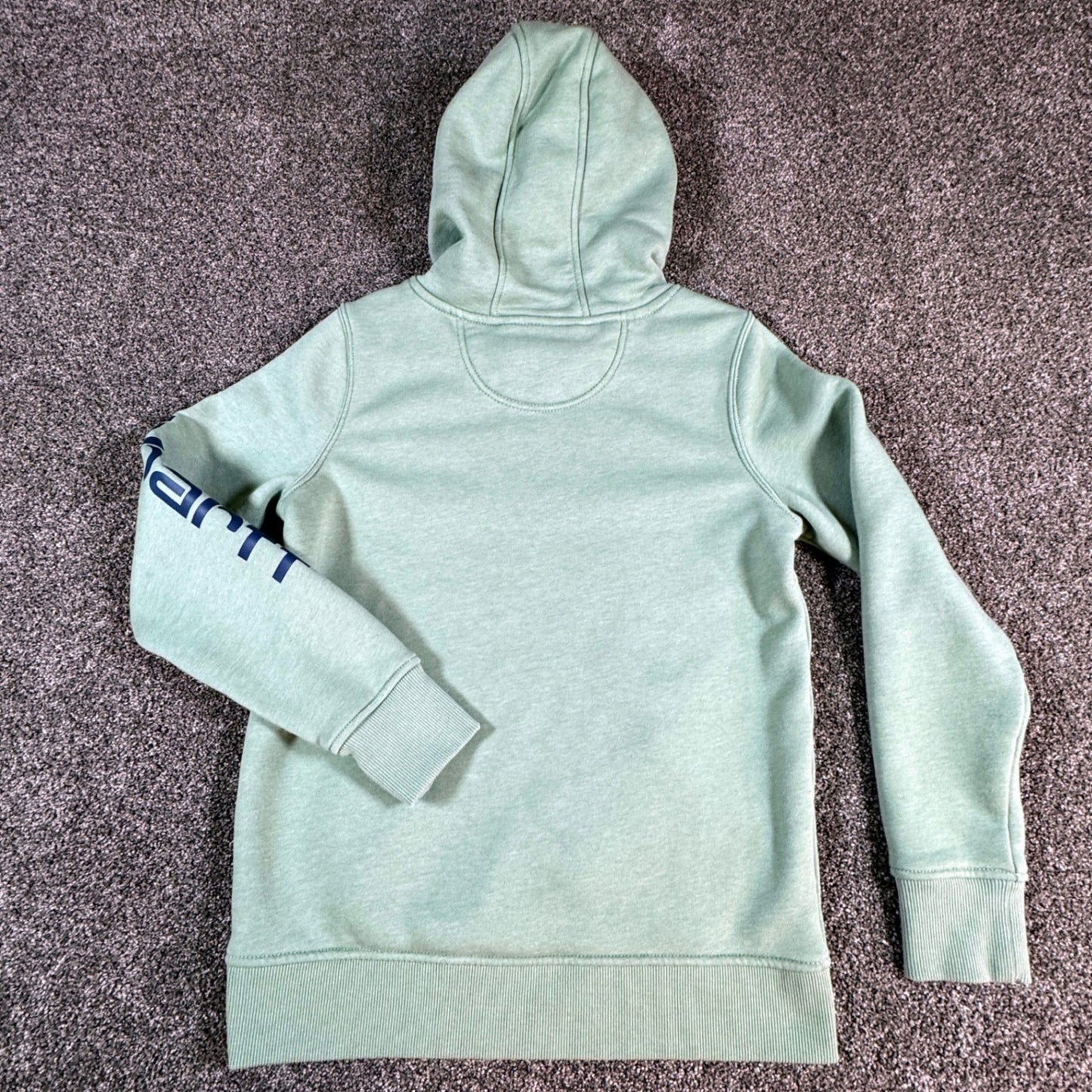 Carhartt Womens Hoodie Sweatshirt S 4-6 Green Relaxed Fit Clarksburg Spellout