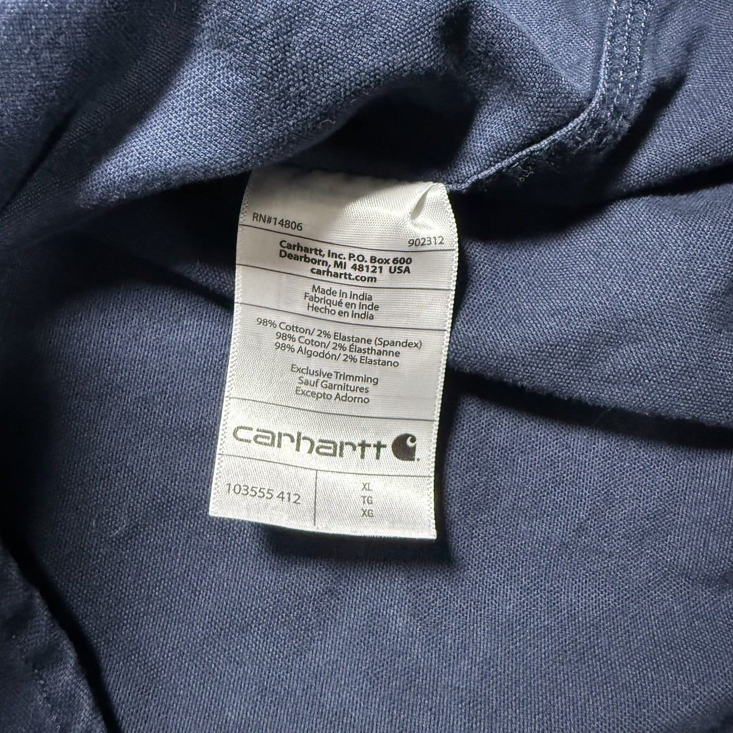 Carhartt Blue Mens Short Sleeve Rugged Flex Button Up Shirt XL Navy Relaxed Fit
