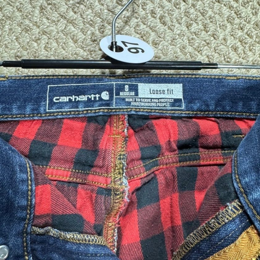 Carhartt Womens Flannel Lined Jeans Size 8 Regular Loose Fit Dark Wash Stains