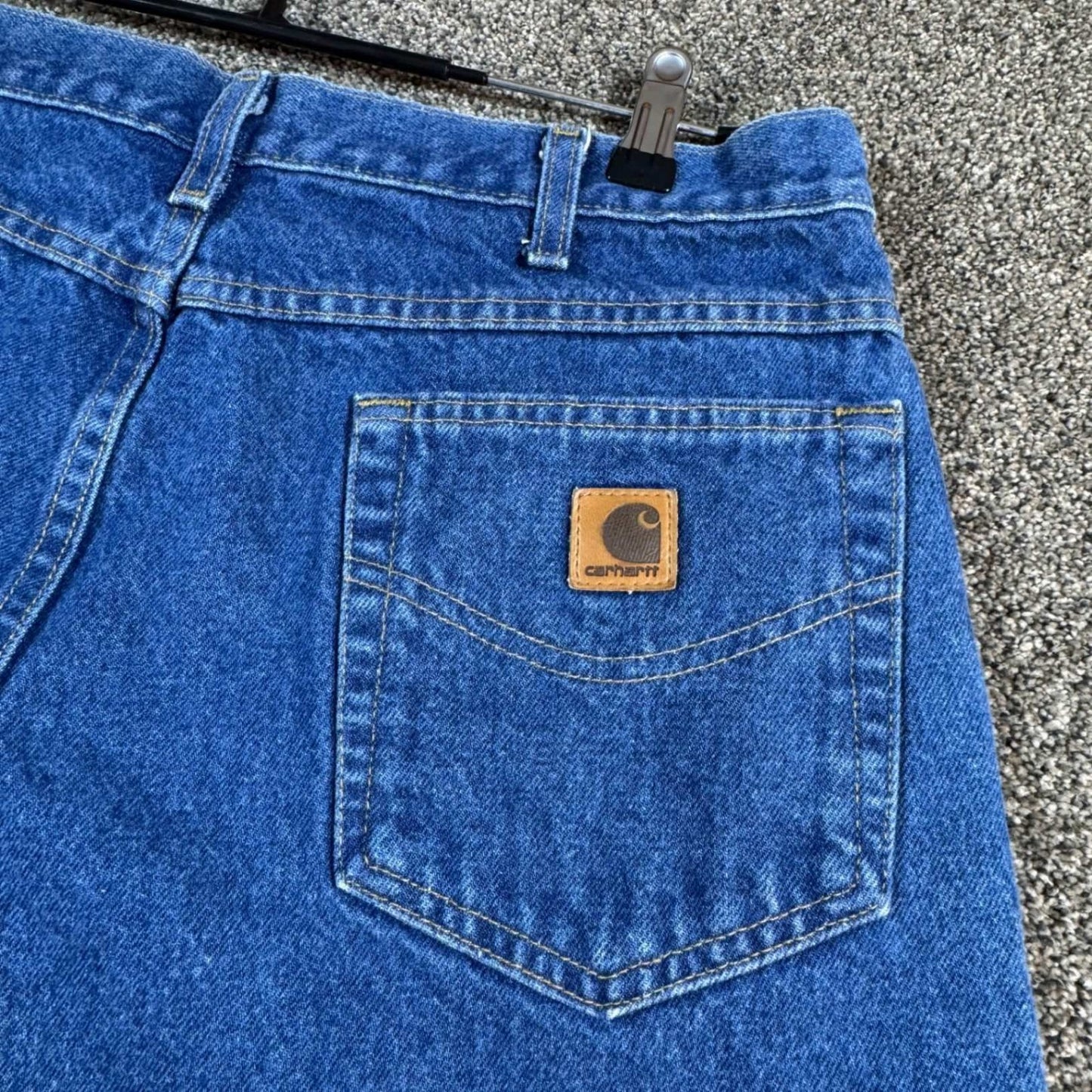 Carhartt Mens B167 DST Jeans 36x34 Blue Denim Relaxed Fit Leather Patch Pants