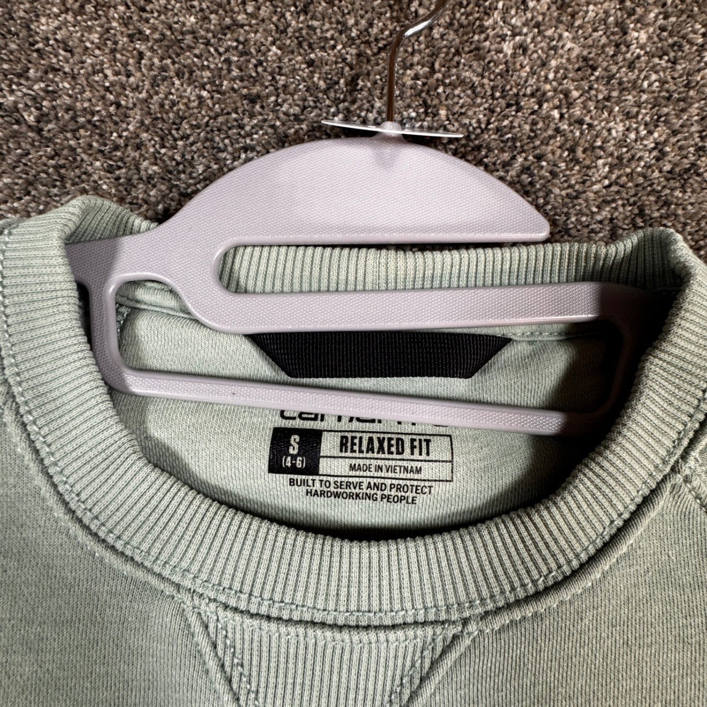 Carhartt Womens Relaxed Fit Sweatshirt Pullover S 4-6 Green Spellout w/Stains