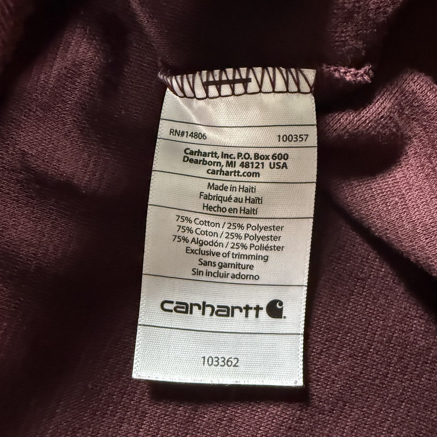 Carhartt Mens Quarter Zip Pullover Shirt 2XL Maroon Relaxed Fit Long Sleeve