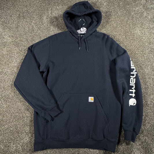 Carhartt Mens Hoodie Pullover L Tall Loose Fit Navy Spellout Sweatshirt