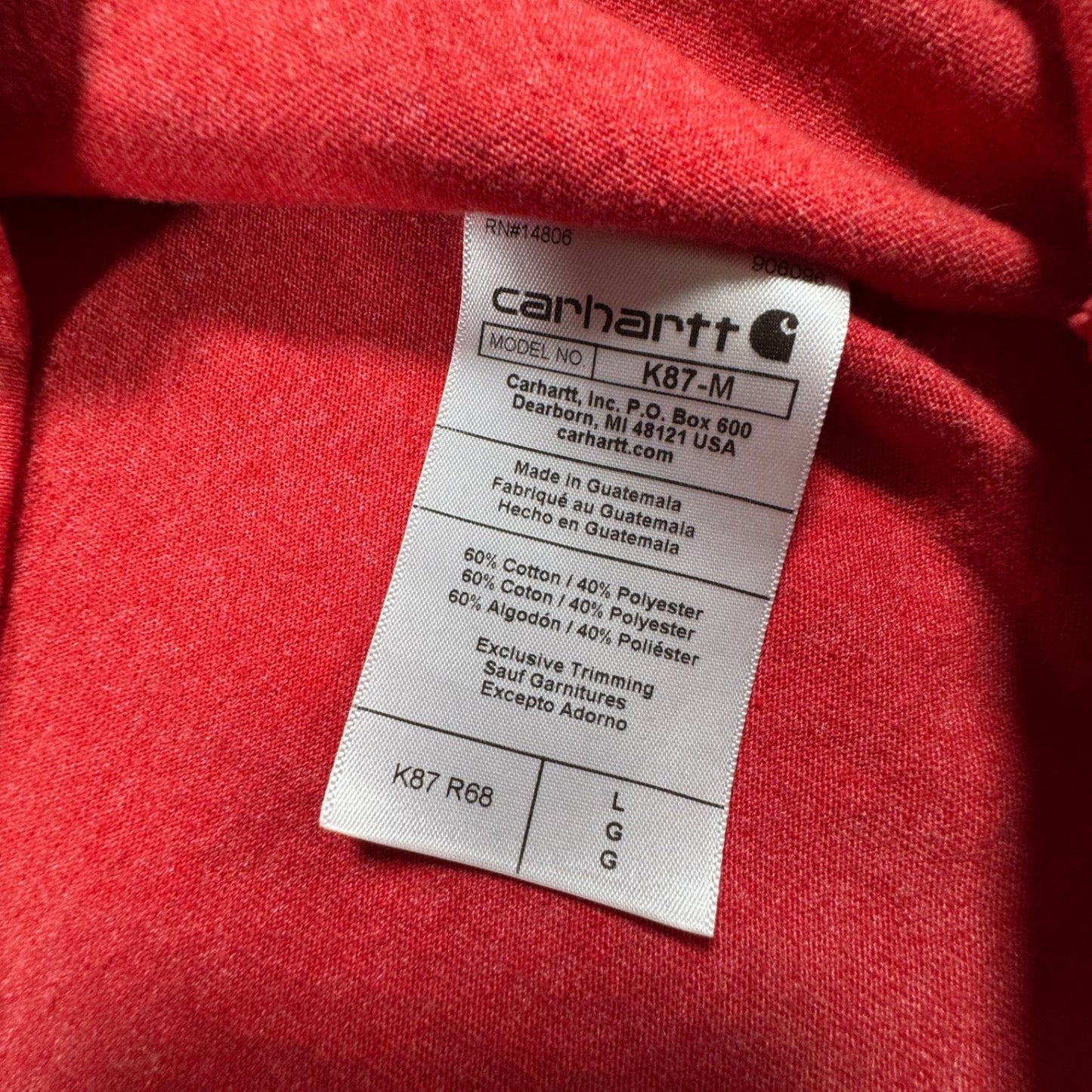 Carhartt Mens K87 Loose Fit Pocket Tee Shirt L Red Heather Workwear