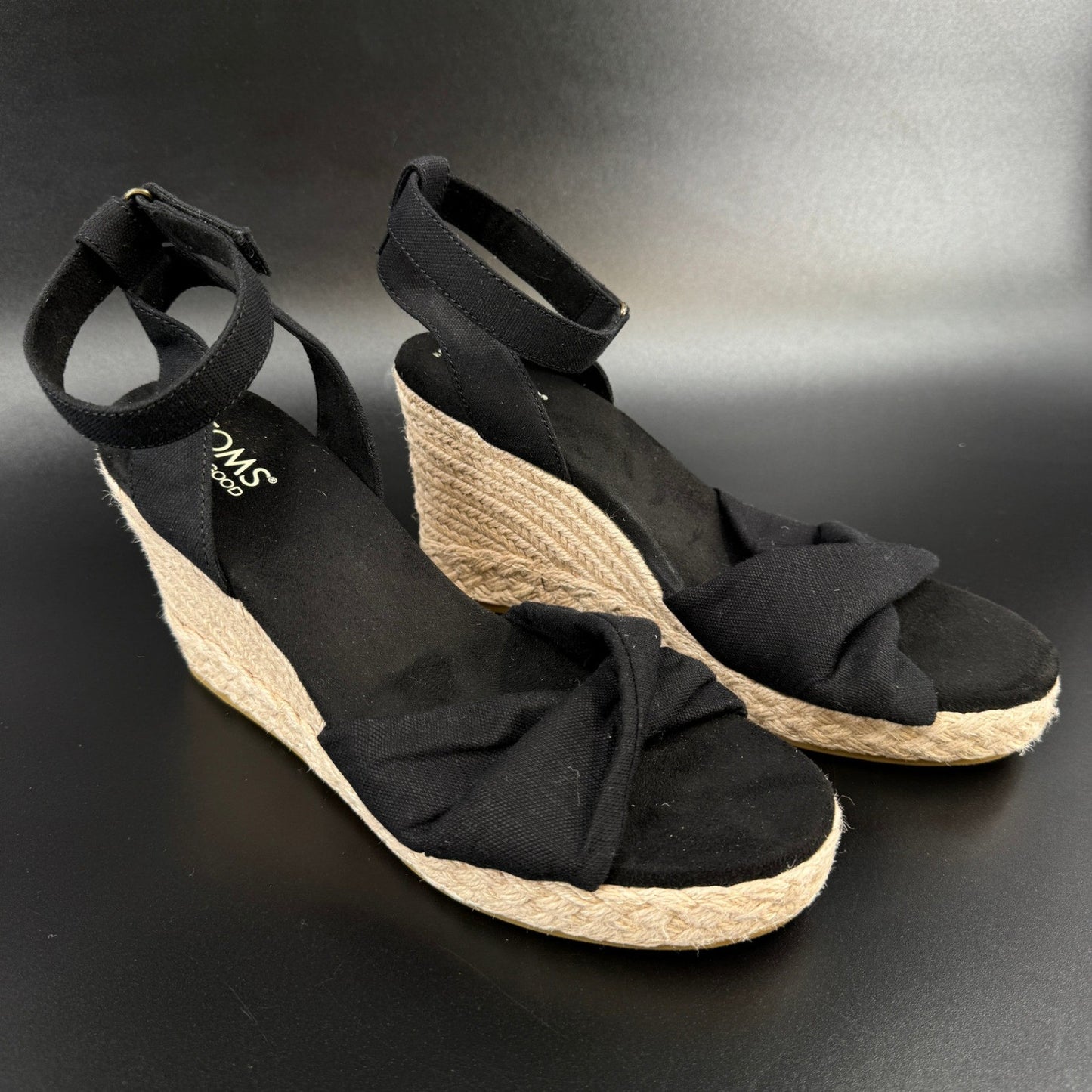 Toms Womens Wedge Sandals Espadrille Size 10 Black Ankle Strap Open Toe