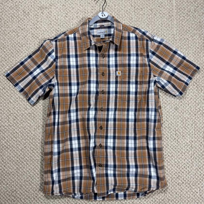 Carhartt Mens Short Sleeve Button Up Shirt L Large Tall Brown Plaid Relaxed Fit