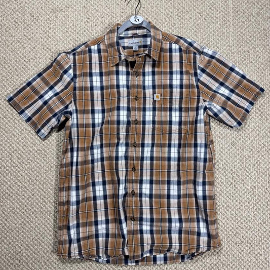 Carhartt Mens Short Sleeve Button Up Shirt L Large Tall Brown Plaid Relaxed Fit