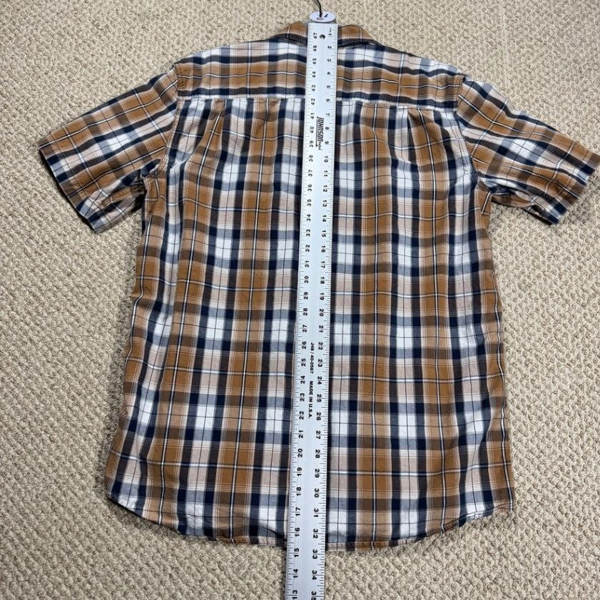 Carhartt Mens Short Sleeve Button Up Shirt L Large Tall Brown Plaid Relaxed Fit