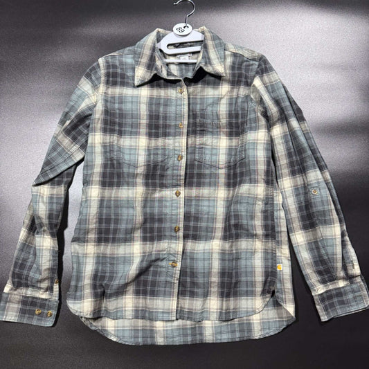 Carhartt Womens XS Plaid Flannel Button Up Shirt Blue Gray Long Sleeve