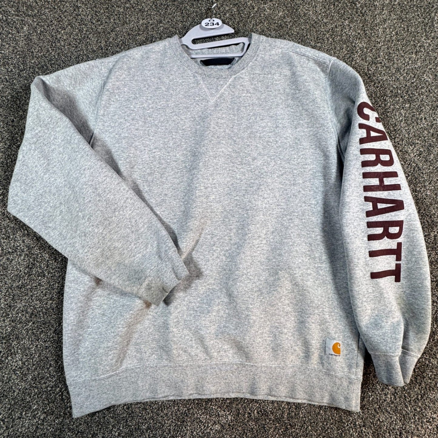 Carhartt Mens Sweatshirt Large Gray Loose Fit Pullover Crewneck Spellout STAINS
