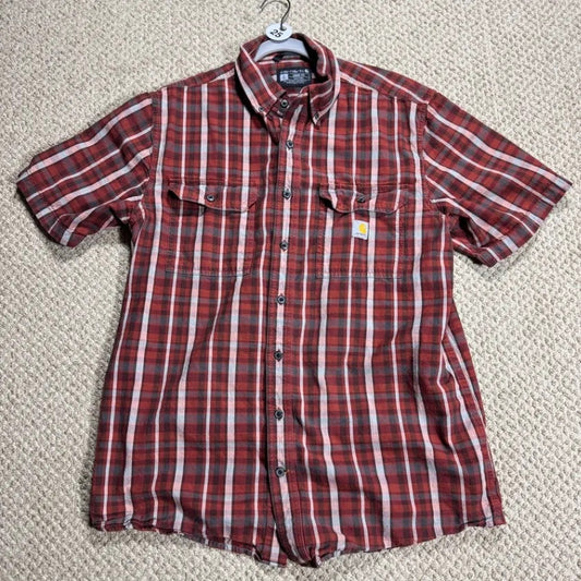 Carhartt Mens Button Up Shirt L Tall Red Plaid Short Sleeve Cotton Work