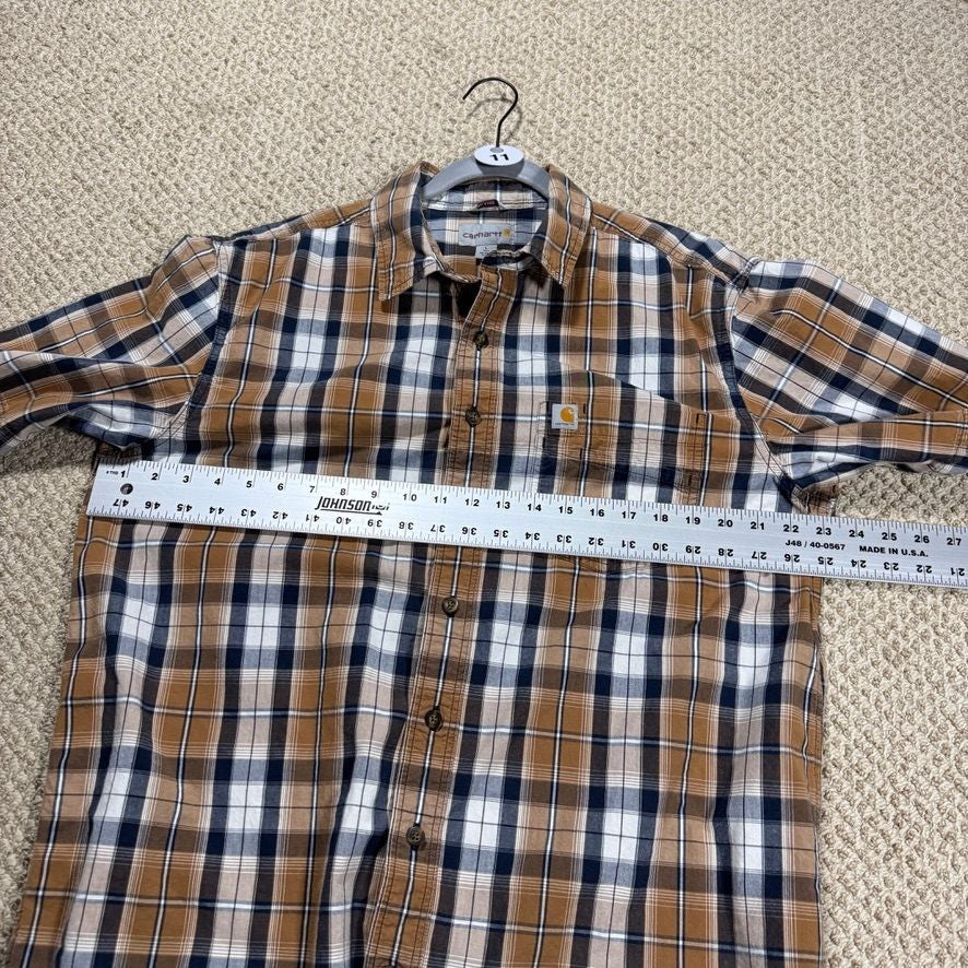 Carhartt Mens Short Sleeve Button Up Shirt L Large Tall Brown Plaid Relaxed Fit
