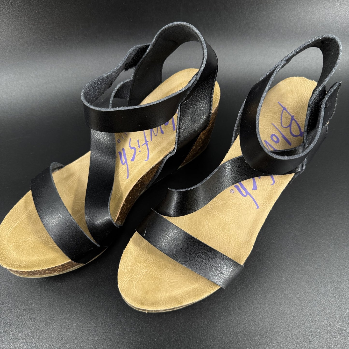 Blowfish Malibu Womens 10 Wedge Sandals Shoes Black Cork Platform Strappy
