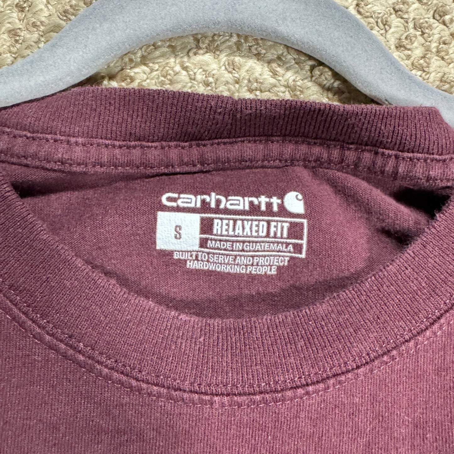 Carhartt Mens T-Shirt Relaxed Fit Size S Maroon Back Graphic Pocket Workwear
