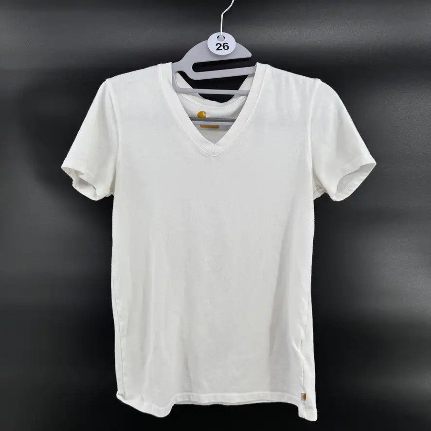 Carhartt Womens T-Shirt V-Neck Short Sleeve Size XS White Cotton Blend