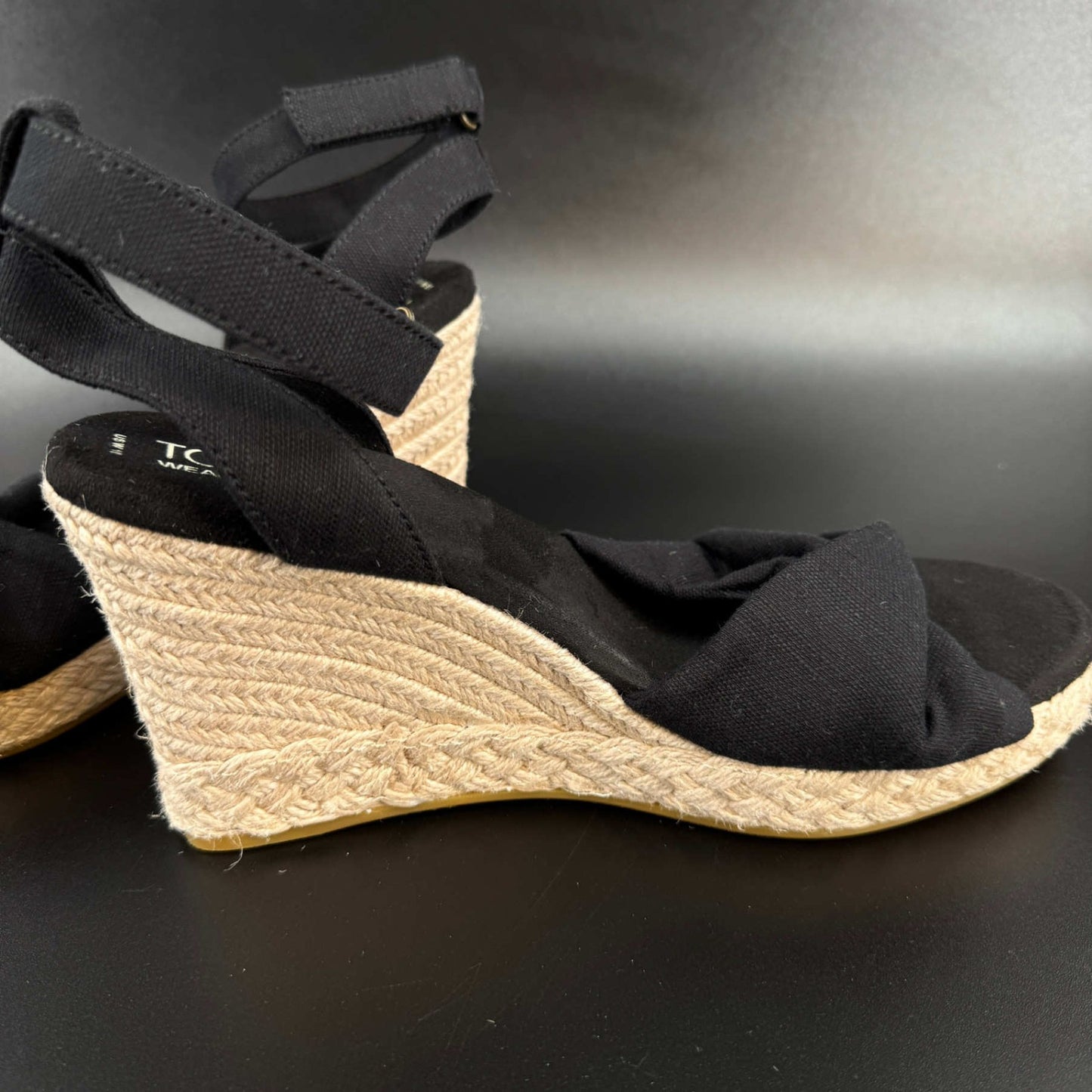Toms Womens Wedge Sandals Espadrille Size 10 Black Ankle Strap Open Toe
