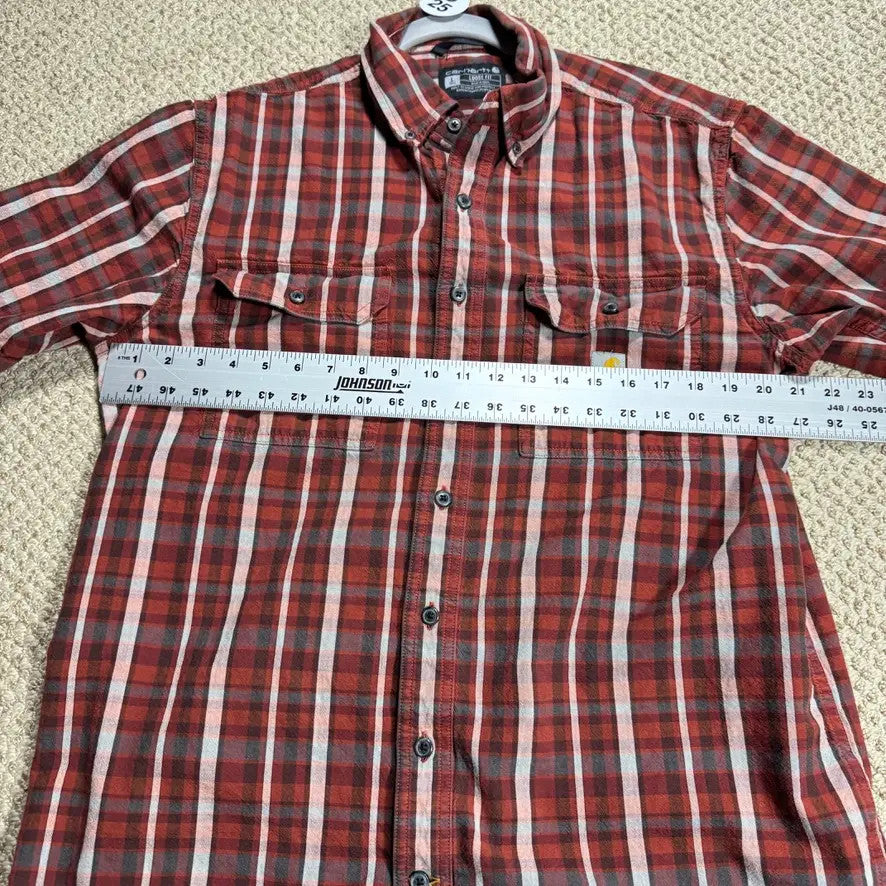 Carhartt Mens Button Up Shirt L Tall Red Plaid Short Sleeve Cotton Work