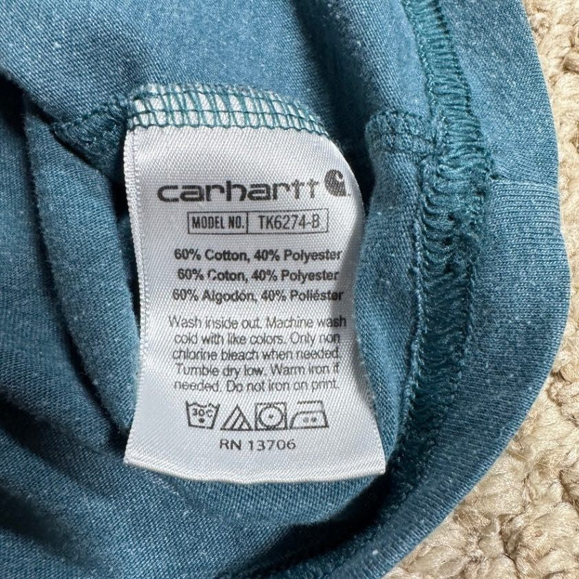 Carhartt Boys/Girls T-Shirt Size 7 Teal Blue Graphic Spellout Short Sleeve Tee
