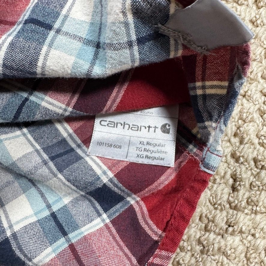 Carhartt Mens Relaxed Fit Plaid Button Up Shirt XL Red Blue Short Sleeve