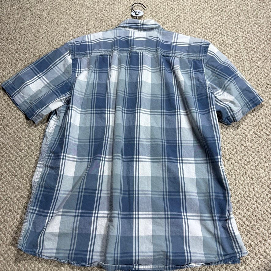 Carhartt Mens Short Sleeve Button Down Shirt L Blue White Plaid Workwear w/Flaws