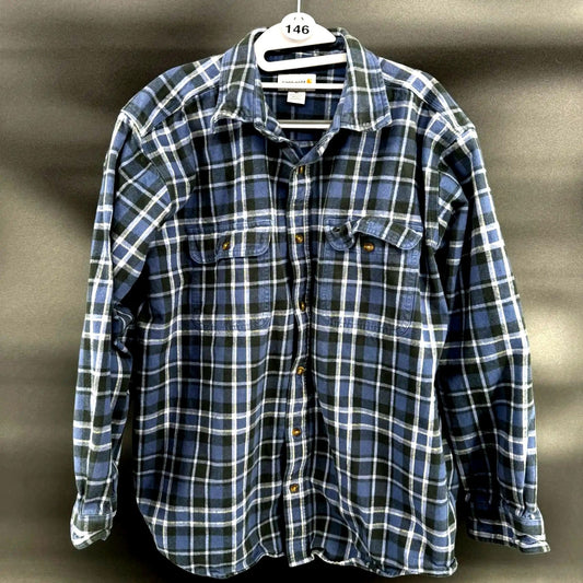 Carhartt Mens Flannel Shirt XL Blue Plaid Button Up Long Sleeve Cotton