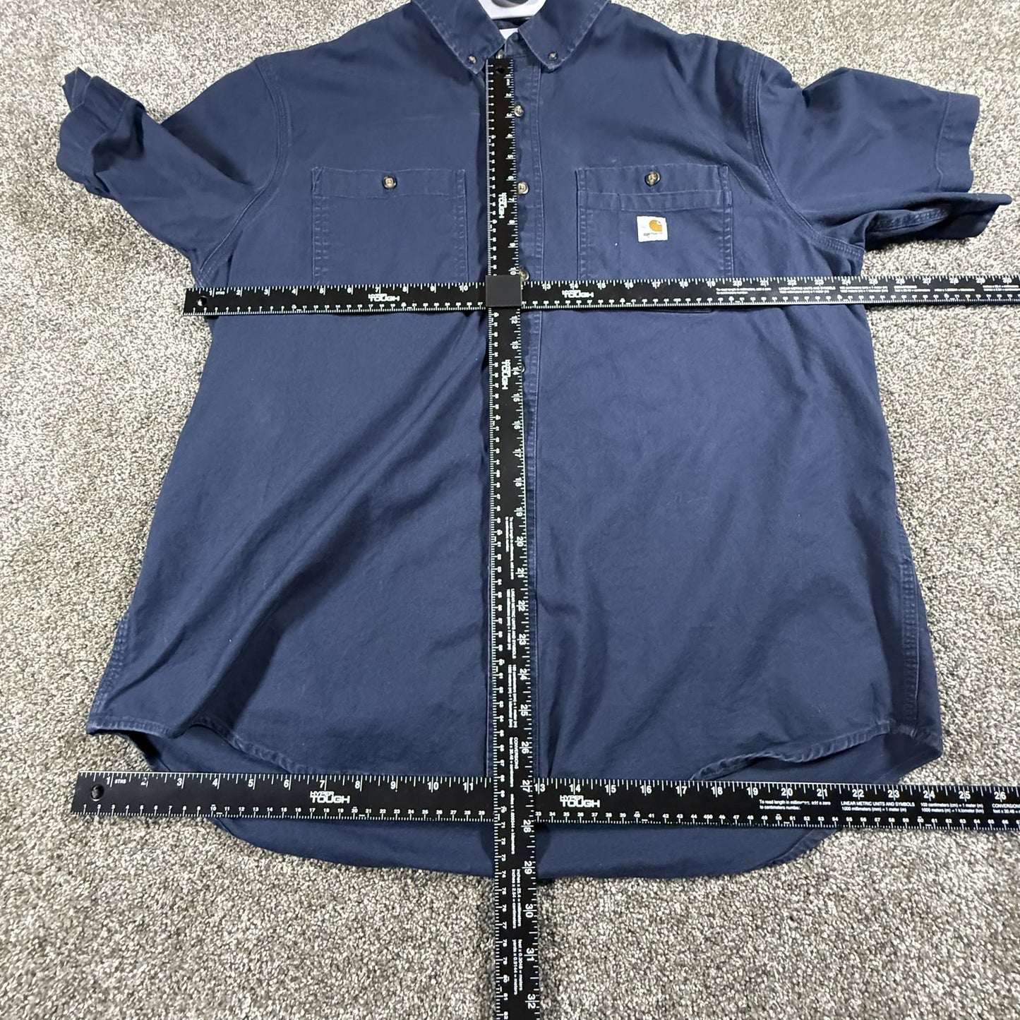 Carhartt Blue Mens Short Sleeve Rugged Flex Button Up Shirt XL Navy Relaxed Fit