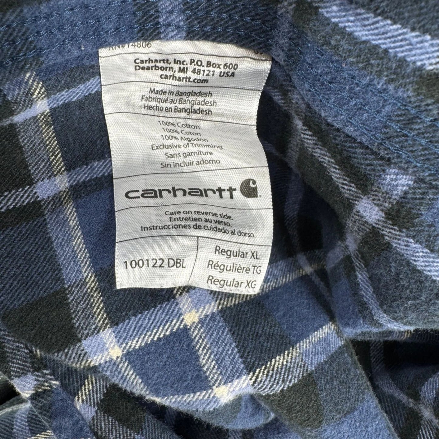 Carhartt Mens Flannel Shirt XL Blue Plaid Button Up Long Sleeve Cotton