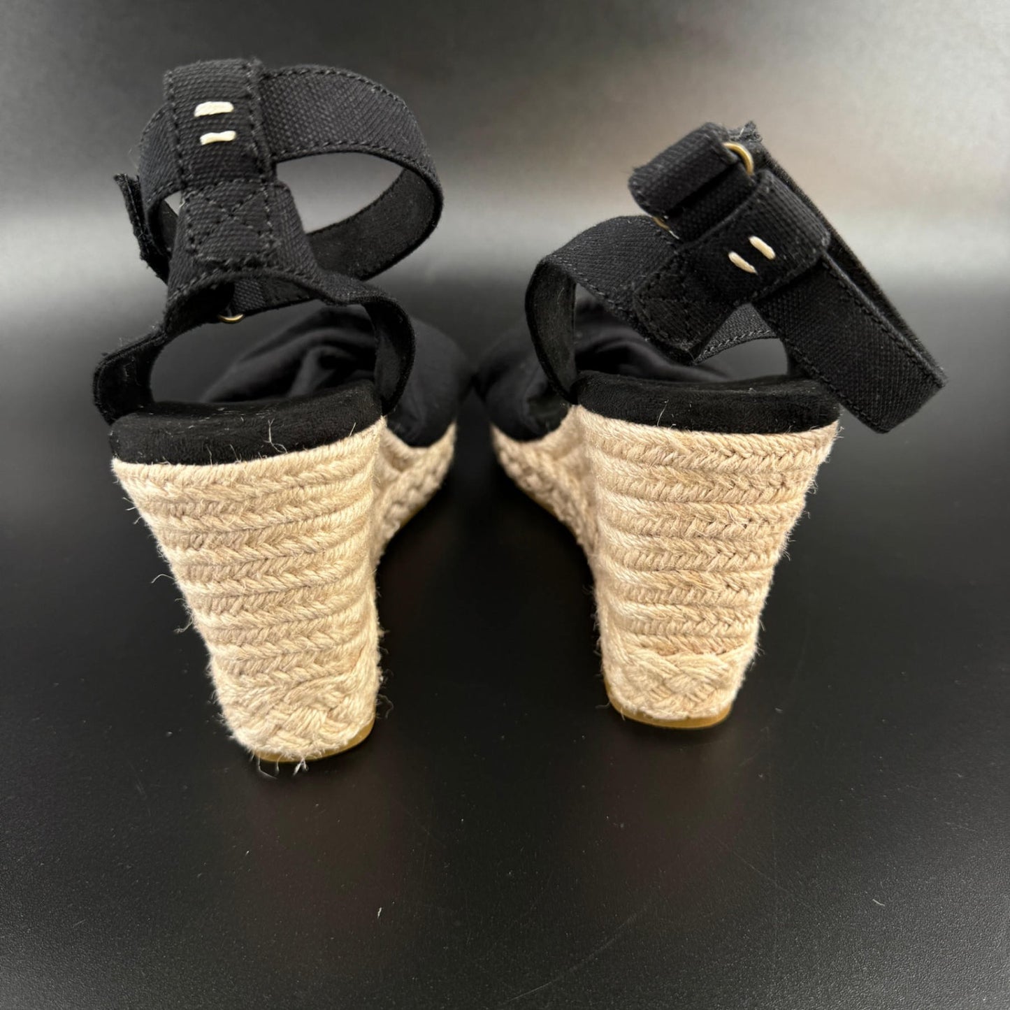 Toms Womens Wedge Sandals Espadrille Size 10 Black Ankle Strap Open Toe
