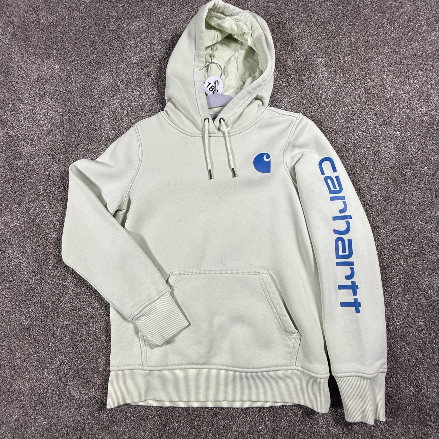 Carhartt Womens Hoodie Clarksburg XS Light Green Pullover Spellout Stains