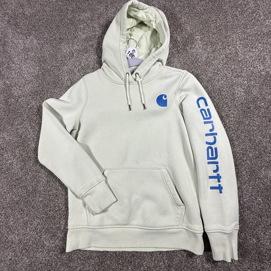 Carhartt Womens Hoodie Clarksburg XS Light Green Pullover Spellout Stains