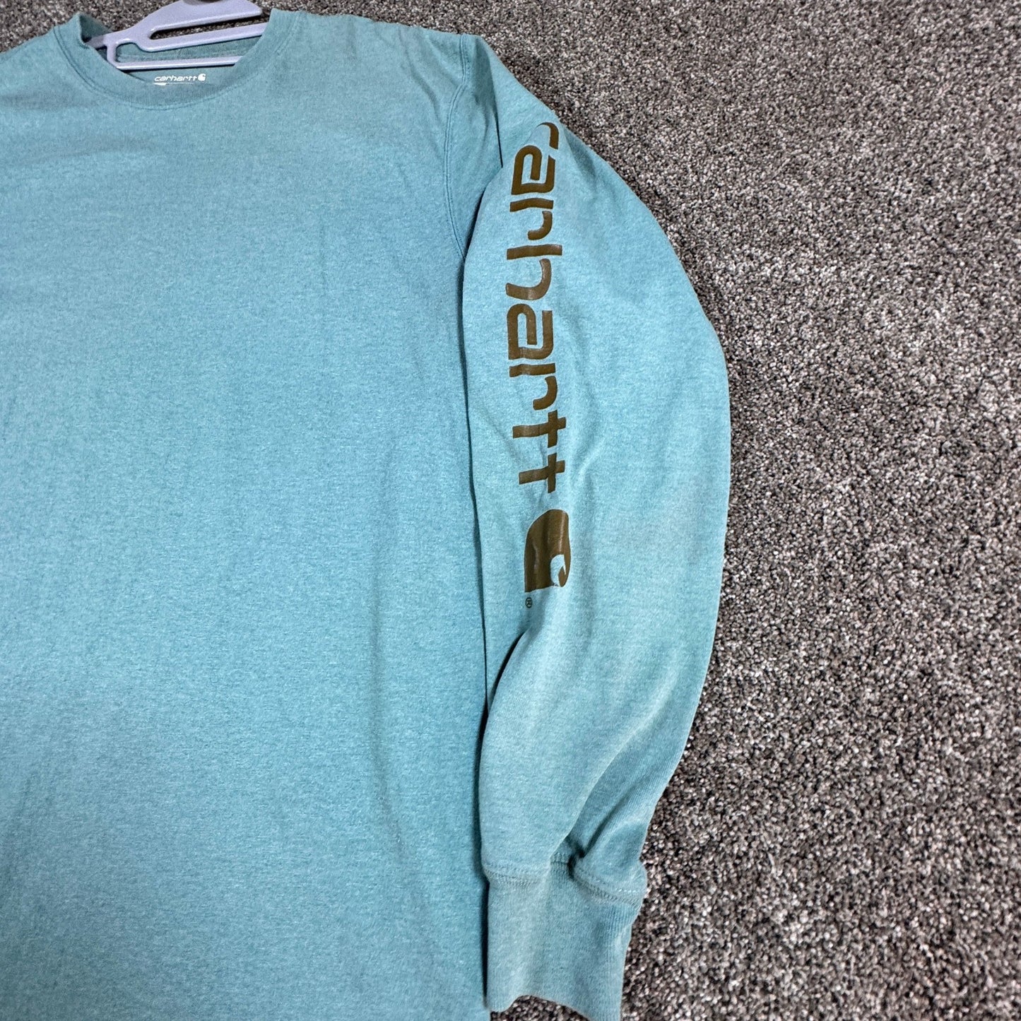 Carhartt Mens Long Sleeve T-Shirt M Loose Fit Teal Logo Work Shirt Spellout