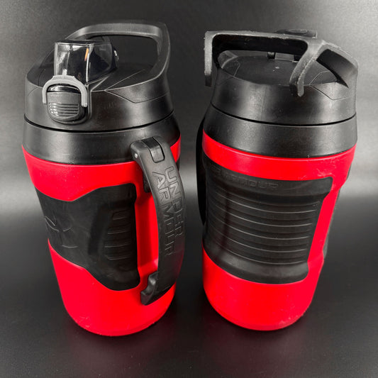 Under Armour Lot of 2 Playmaker Water Jug 64 oz Bottle Red Black w/Fence Hook