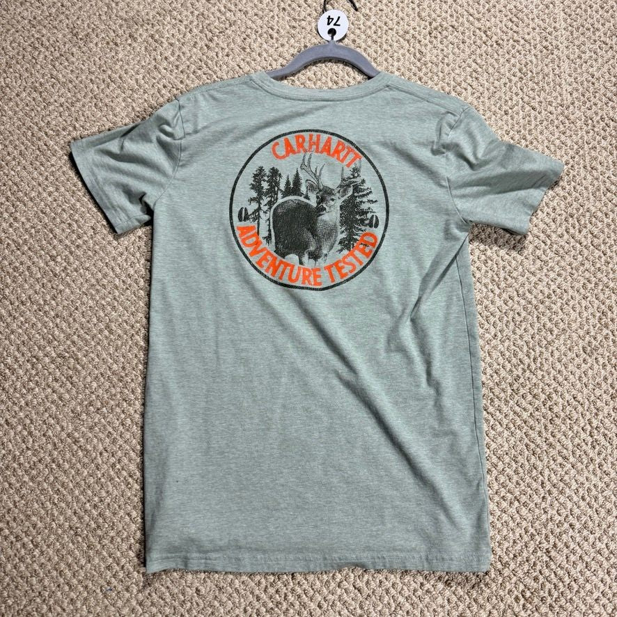 Carhartt Boys T-Shirt L 14-16 Green Pocket Adventure Tested Deer Short Sleeve