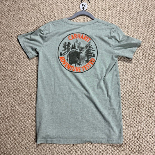 Carhartt Boys T-Shirt L 14-16 Green Pocket Adventure Tested Deer Short Sleeve
