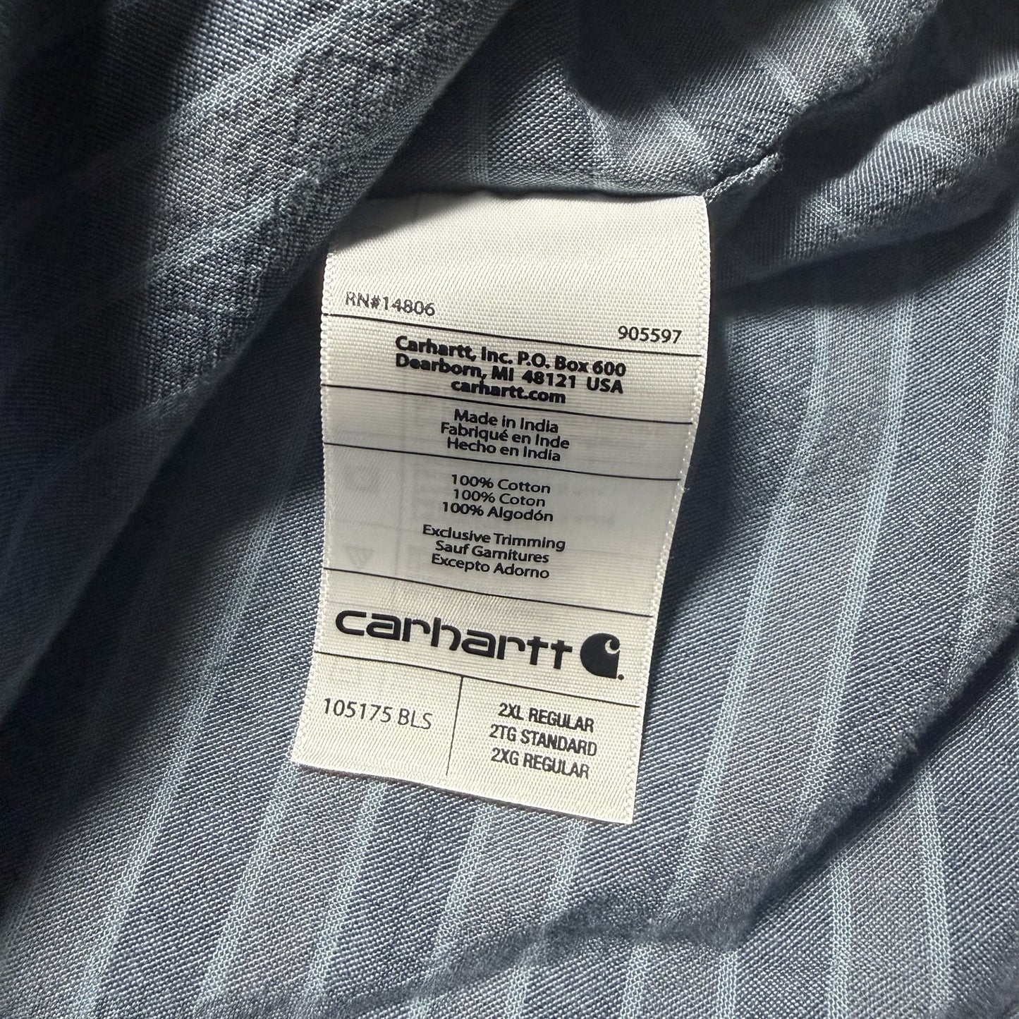 Carhartt Mens Short Sleeve Button Up Shirt 2XL Blue Gray Striped Loose Fit