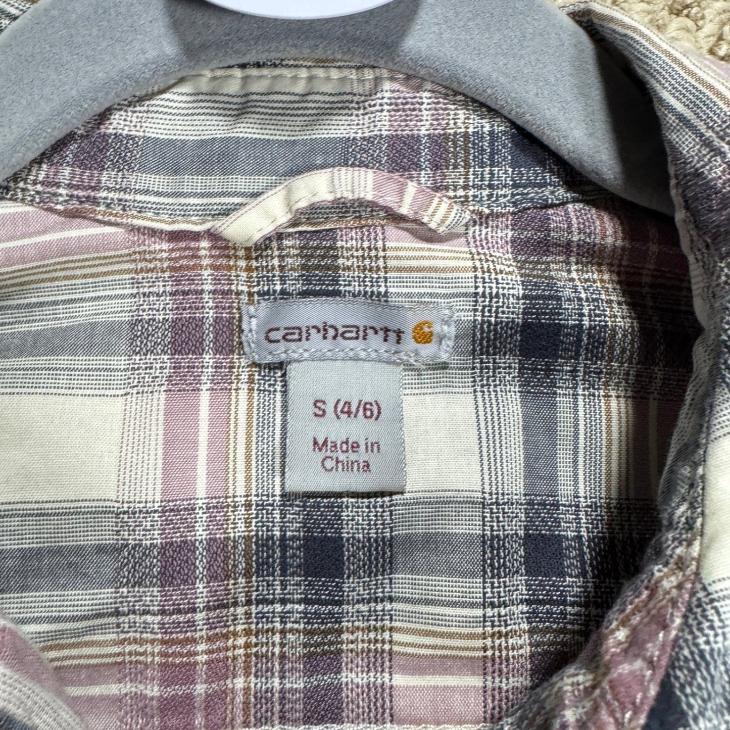 Carhartt Womens Plaid Flannel Shirt Size S Button Up Long Sleeve Pink Gray