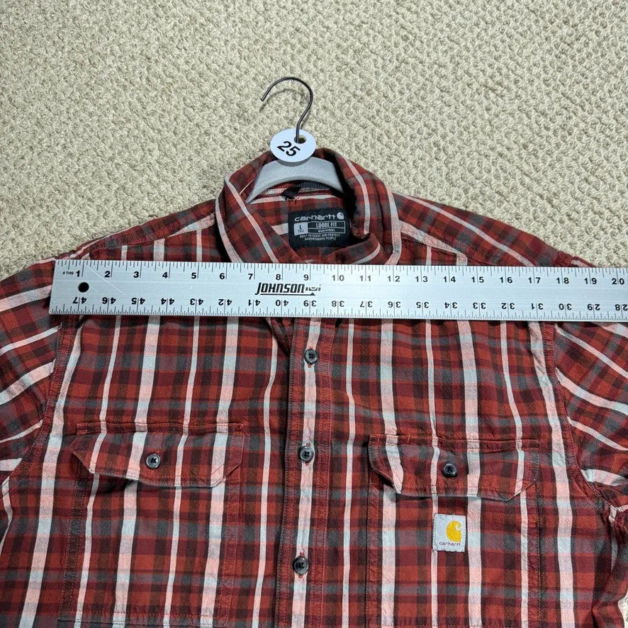 Carhartt Mens Button Up Shirt L Tall Red Plaid Short Sleeve Cotton Work